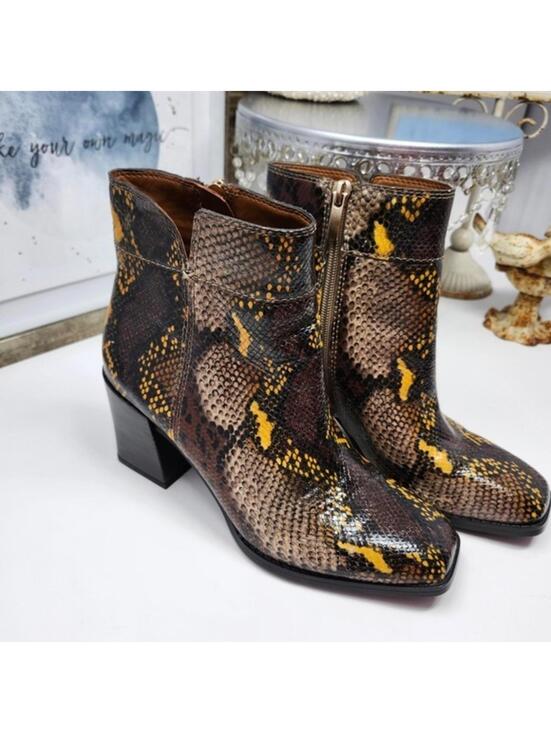 Franco Sarto Shoes - Franco Sarto Snakeskin Print Ankle Boots Booties Block Heel Brown Yellow 7.5